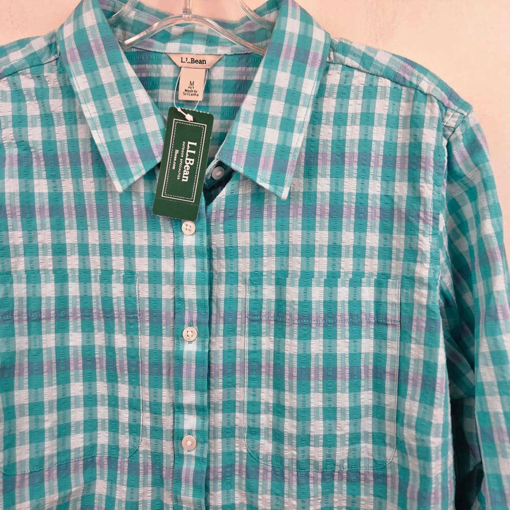 LL Bean Women Vacationland Seersucker Coastal Aqua Gingham Shirt M Petite 510841